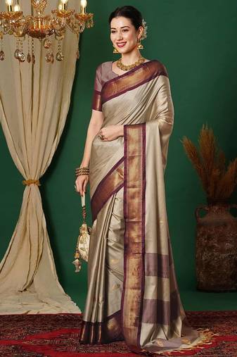 Beige blended cotton woven zari work saree with blouse