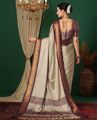 Beige blended cotton woven zari work saree with blouse 2