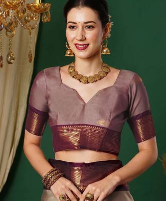 Beige blended cotton woven zari work saree with blouse 3