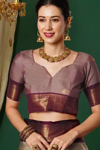 Beige blended cotton woven zari work saree with blouse