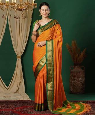 Orange blended cotton woven zari work saree with blouse 1