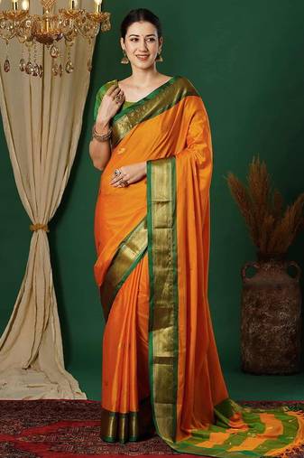 Orange blended cotton woven zari work saree with blouse