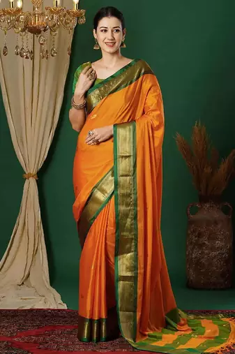 Orange blended cotton woven zari work saree with blouse
