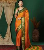 Orange blended cotton woven zari work saree with blouse