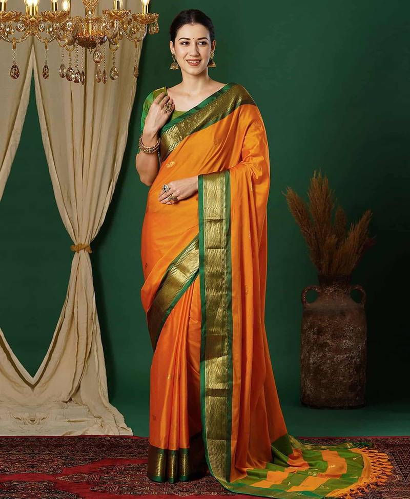 Orange blended cotton woven zari work saree with blouse