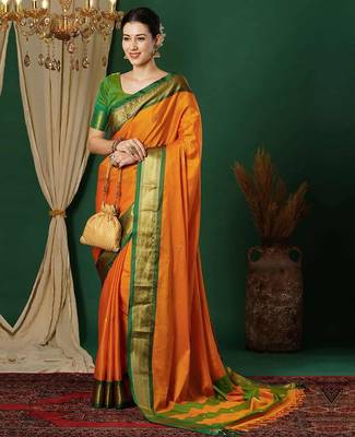 Orange blended cotton woven zari work saree with blouse 2