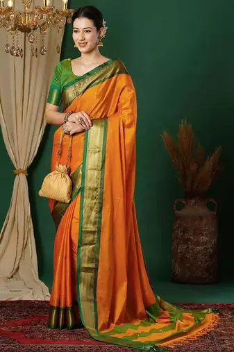 Orange blended cotton woven zari work saree with blouse