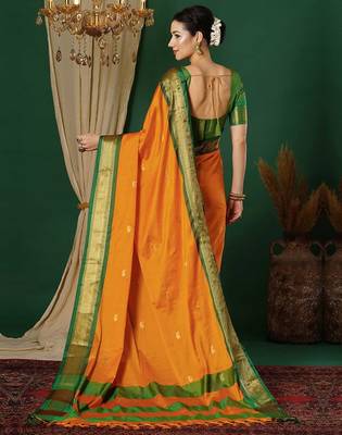 Orange blended cotton woven zari work saree with blouse 3