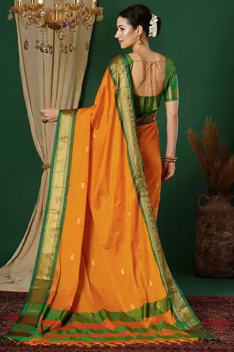 Orange blended cotton woven zari work saree with blouse