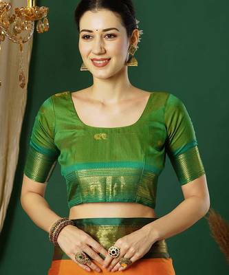 Orange blended cotton woven zari work saree with blouse 4