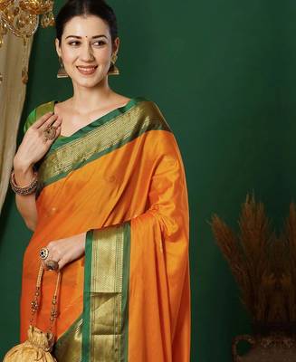 Orange blended cotton woven zari work saree with blouse 5