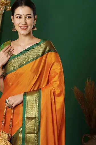 Orange blended cotton woven zari work saree with blouse