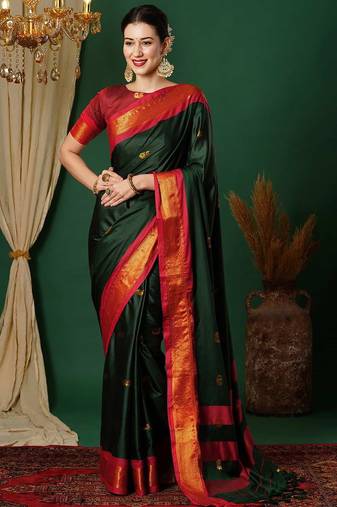 Green blended cotton woven zari work saree with blouse