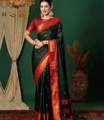 Green blended cotton woven zari work saree with blouse