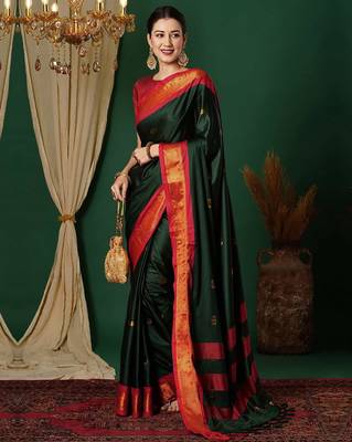 Green blended cotton woven zari work saree with blouse 2
