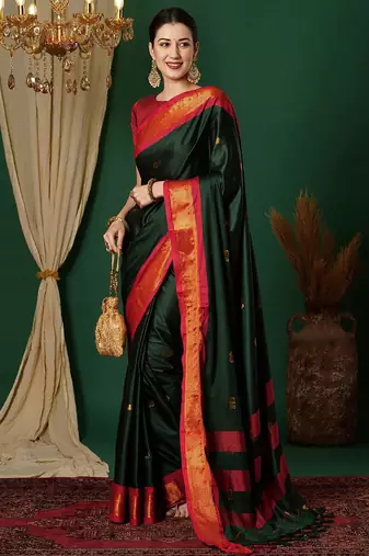 Green blended cotton woven zari work saree with blouse