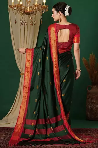 Green blended cotton woven zari work saree with blouse