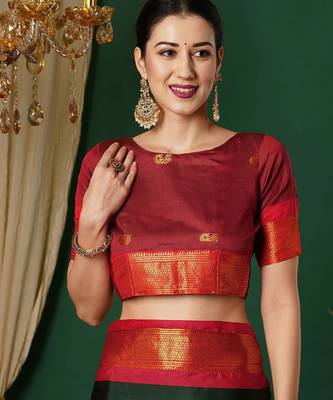 Green blended cotton woven zari work saree with blouse 4