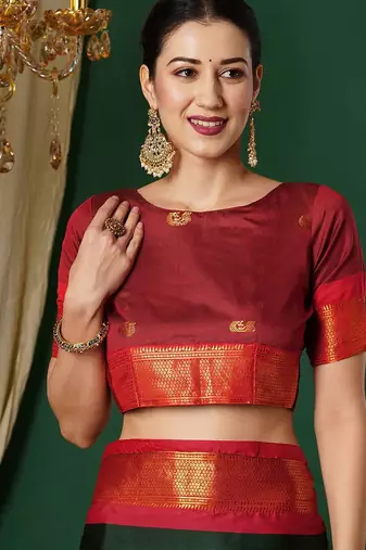 Green blended cotton woven zari work saree with blouse