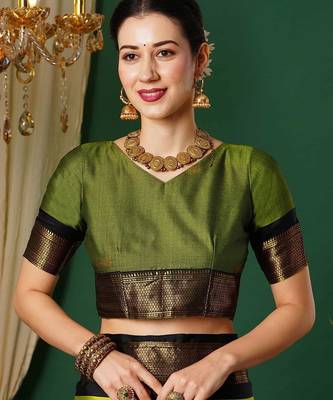 Multicolor blended cotton woven zari work saree with blouse 5
