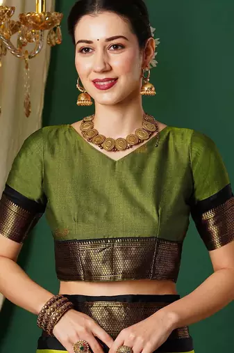 Multicolor blended cotton woven zari work saree with blouse