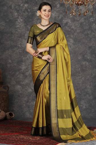 Mustard blended cotton woven zari work saree with blouse