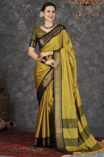 Mustard blended cotton woven zari work saree with blouse
