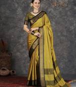 Mustard blended cotton woven zari work saree with blouse