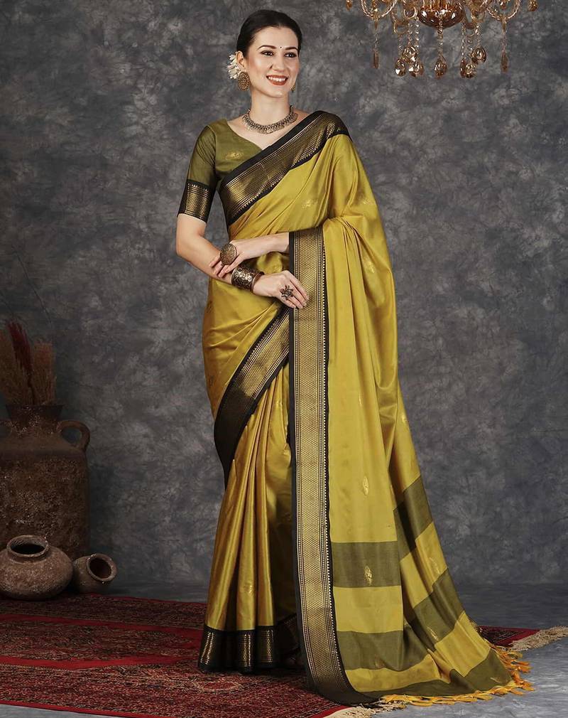 Mustard blended cotton woven zari work saree with blouse