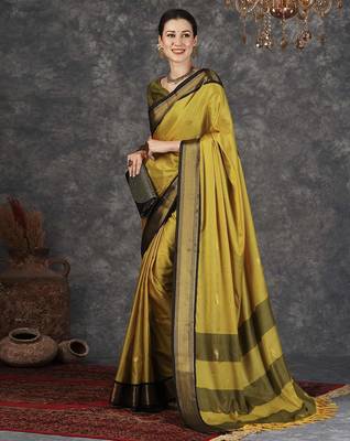 Mustard blended cotton woven zari work saree with blouse 2