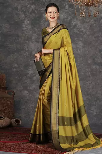 Mustard blended cotton woven zari work saree with blouse