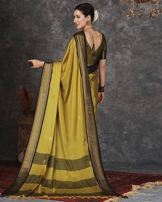 Mustard blended cotton woven zari work saree with blouse 3