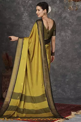 Mustard blended cotton woven zari work saree with blouse