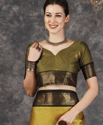Mustard blended cotton woven zari work saree with blouse 4