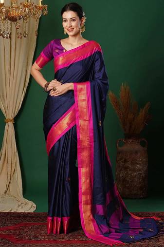 Dark blue blended cotton woven zari work saree with blouse