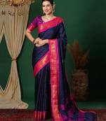 Dark blue blended cotton woven zari work saree with blouse