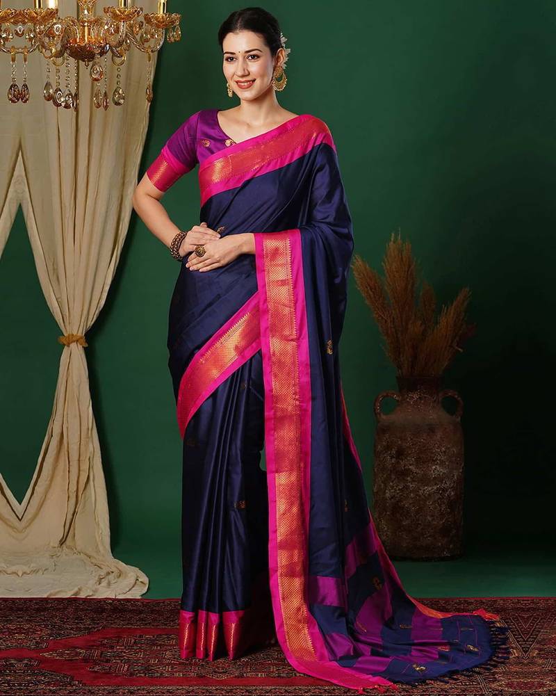 Dark blue blended cotton woven zari work saree with blouse