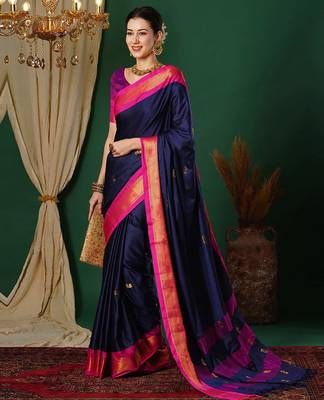 Dark blue blended cotton woven zari work saree with blouse 2