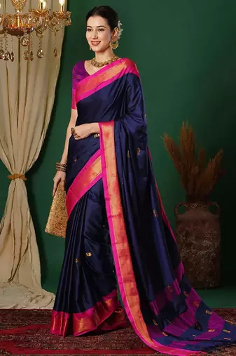 Dark blue blended cotton woven zari work saree with blouse