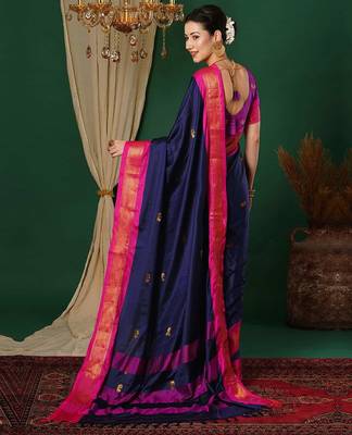Dark blue blended cotton woven zari work saree with blouse 3