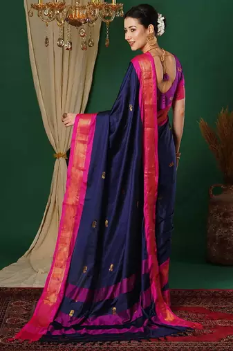Dark blue blended cotton woven zari work saree with blouse