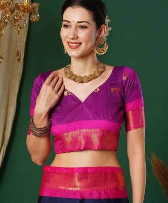 Dark blue blended cotton woven zari work saree with blouse 4