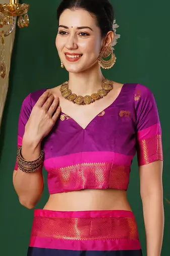 Dark blue blended cotton woven zari work saree with blouse