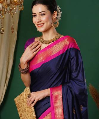 Dark blue blended cotton woven zari work saree with blouse 5