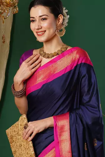 Dark blue blended cotton woven zari work saree with blouse