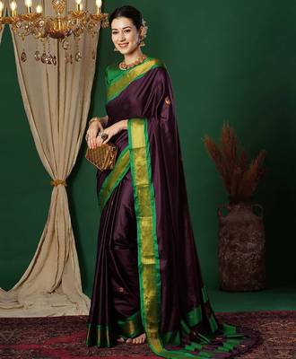 Magenta blended cotton woven zari work saree with blouse 1