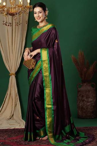 Magenta blended cotton woven zari work saree with blouse