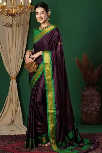 Magenta blended cotton woven zari work saree with blouse