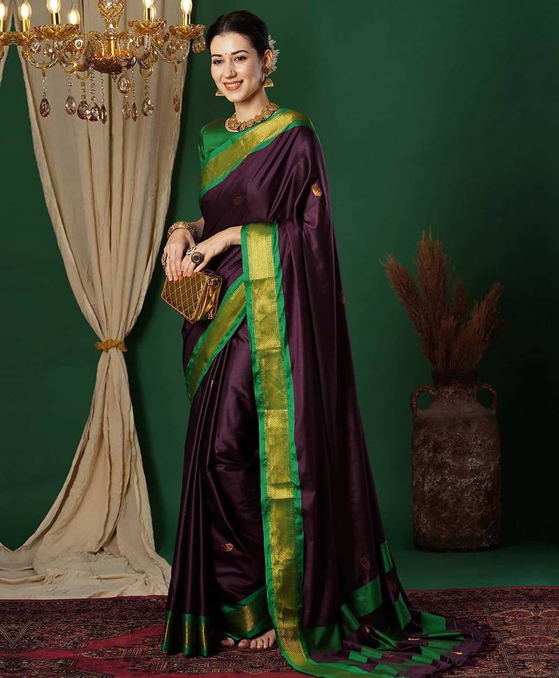 Magenta blended cotton woven zari work saree with blouse