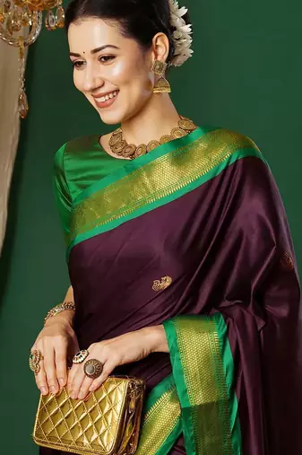 Magenta blended cotton woven zari work saree with blouse